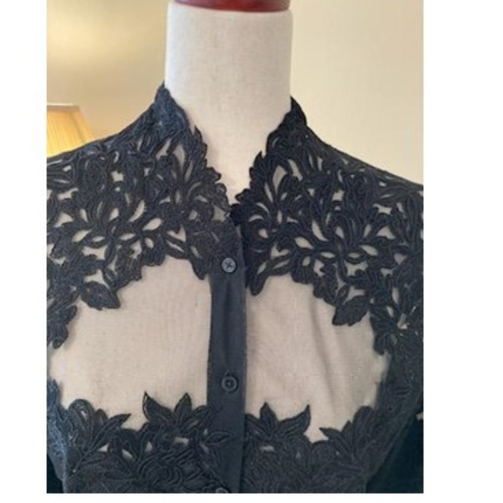 White House Black Market Sheer Lace-Accent Black Blouse - Picture 7 of 10